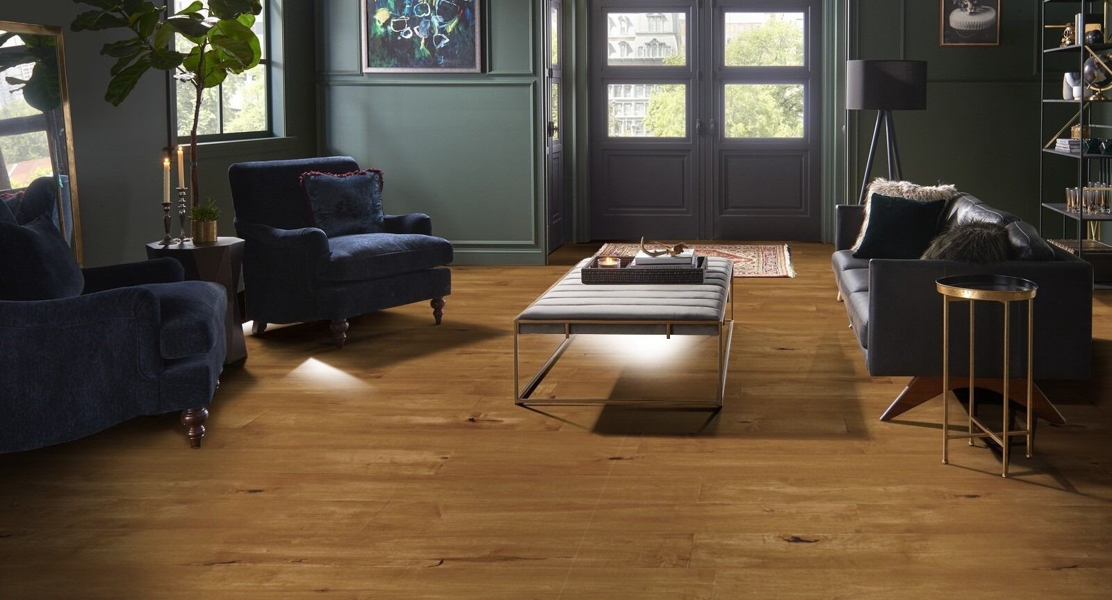 A living room with a couch and a coffee table