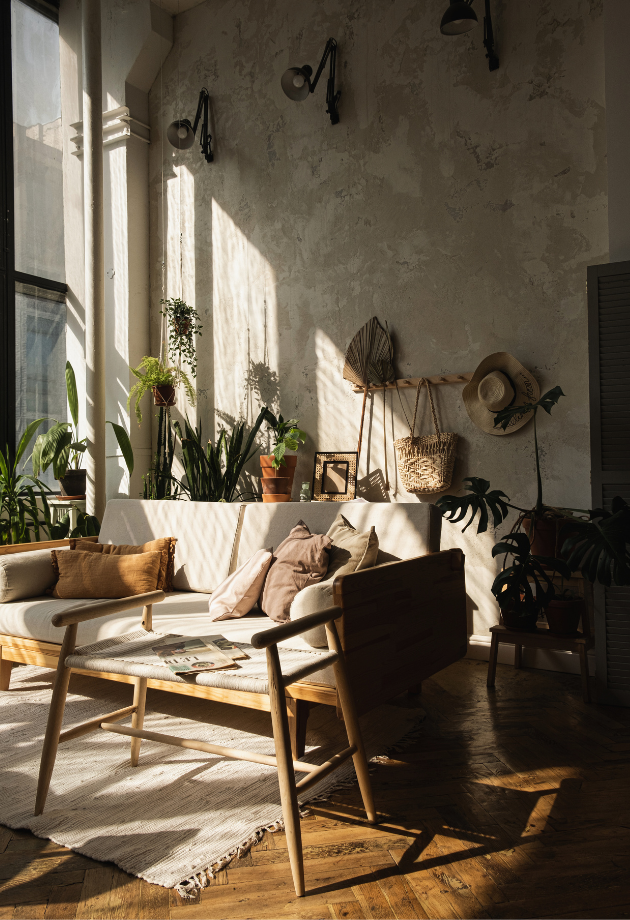 A room with a couch and a coffee table